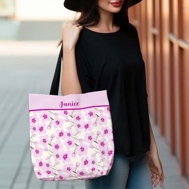 Soft Pink Sakura Cherry Blossom Design (Watercolor Cherry Blossoms And Cream Tote Bag)