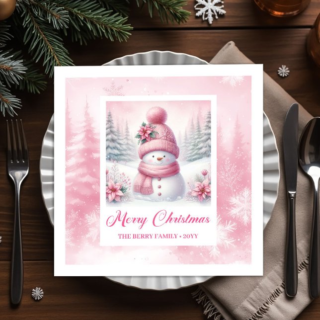 Soft Pink Snowman Winter Scene Christmas Napkins  Serviette (Soft Pink Snowman Winter Scene Christmas Napkins for Kids)