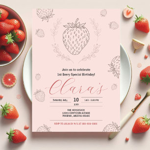 Soft Pink Strawberry Minimaliste BirthDay Party Einladung