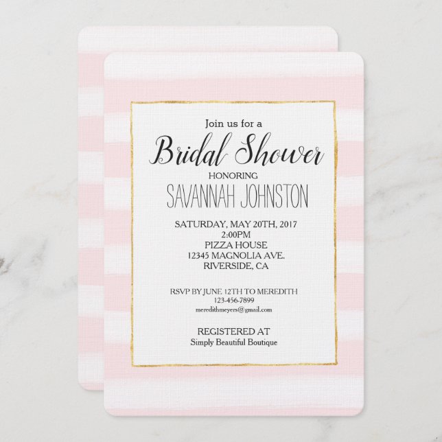 Soft Pink Stripes Brautparty Einladung (Vorne/Hinten)