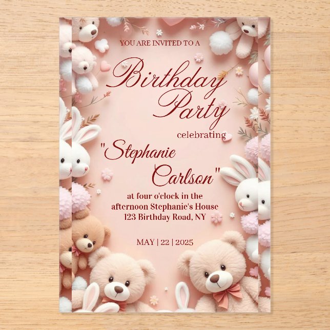 Soft Pink Teddy Bear Birthday Invitation Acryleinladungen (Vorderseite)