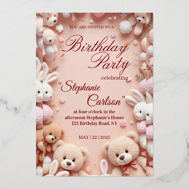 Soft Pink Teddy Bear Birthday Invitation Folieneinladung (Vorderseite)