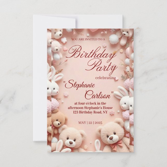 Soft Pink Teddy Bear Birthday Invitation RSVP Karte (Vorderseite)