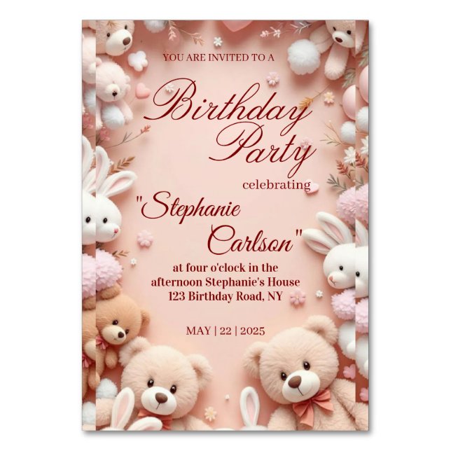 Soft Pink Teddy Bear Birthday Invitation Tischnummer (Vorderseite)