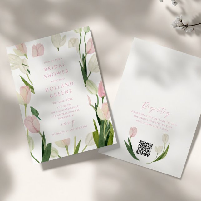 Soft Pink Tulip QR Code Bridal Shower Einladung (Von Creator hochgeladen)