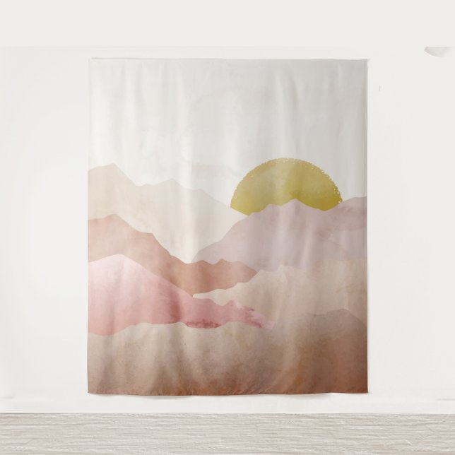 Soft Pink Watercolor Berge Landschaftsbild Tapeste Wandteppich (Vorderseite)