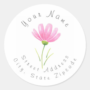 Soft Pink Watercolor Cosmos Blume-Adressetikett Runder Aufkleber