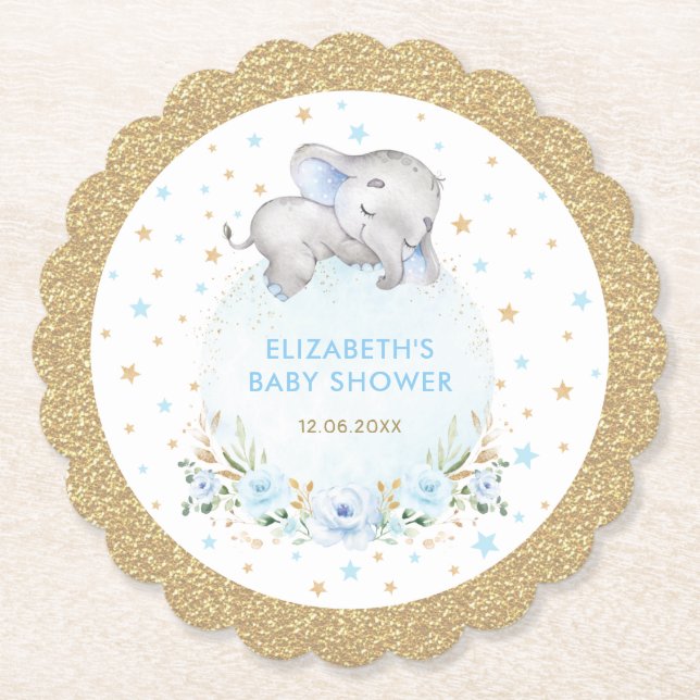 Soft Powder Blue Gold Stars Elephant Baby Dusche Untersetzer (Vorderseite)
