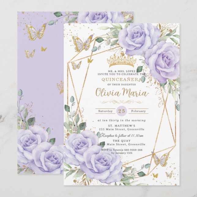 Soft Purple Lilac Floral Butterflies Quinceanera Einladung (Vorne/Hinten)