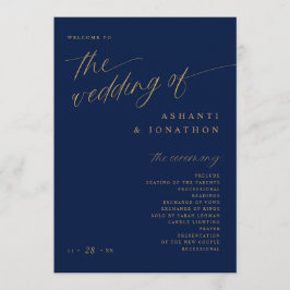 Soft Romantic Dark Navy Blue und Gold Hochzeit Programm