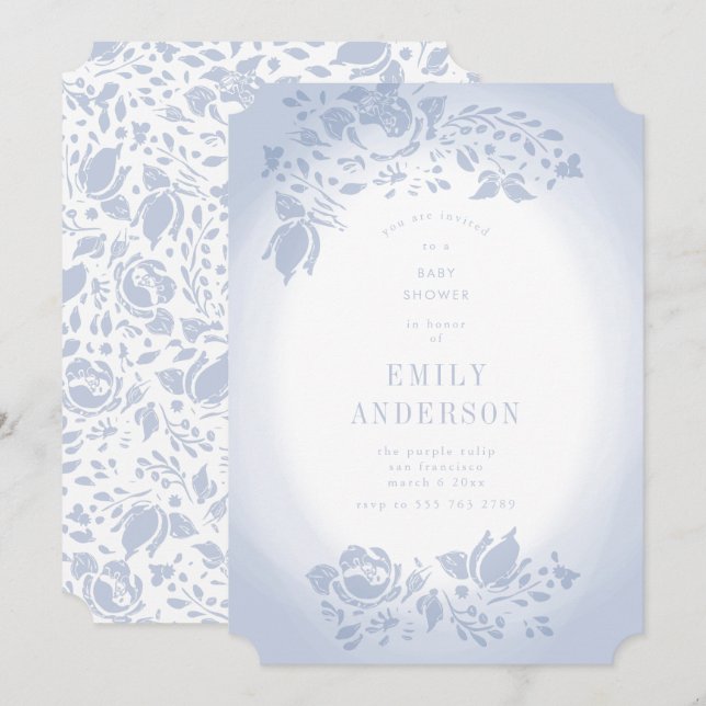 Soft Romantic Floral Blue Baby Dusche Einladung (Vorne/Hinten)