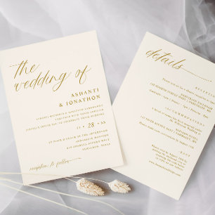 Soft Romantic Gold Elfenbein All in One Wedding Einladung