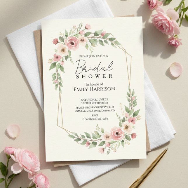 Soft Rose Bridal Shower Geometric Gold Wreath Einladung (rose geometric gold invitation)