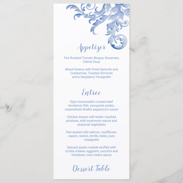 Soft Royal Blue Watercolor Blüh Menu Menükarte (Rückseite)