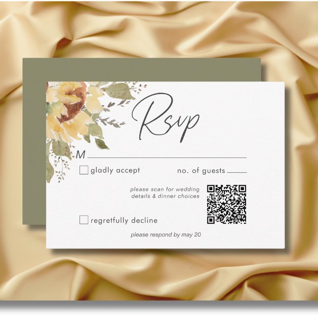 Soft Rustic Large Boho Sunflowers Wedding QR Code RSVP Karte (Soft Rustic Large Boho Sunflowers Wedding QR code RSVP Card)