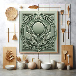 Soft Sage Green Art Deco Symmetric Botanical Motif Fliese