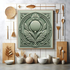 Soft Sage Green Art Deco Symmetric Botanical Motif Fliese