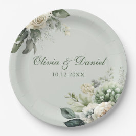 Soft Sage Green Floral Paper Plate Pappteller
