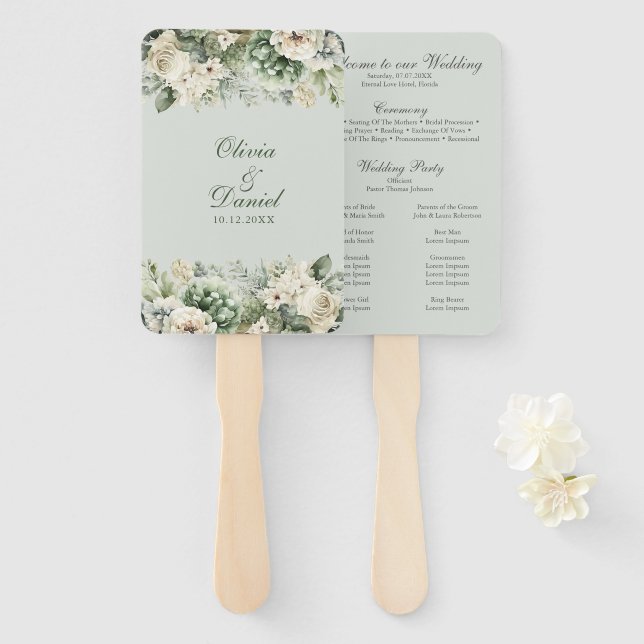 Soft Sage Green Floral Wedding Program Hand Fan Fächer (Vorne und Hinten)