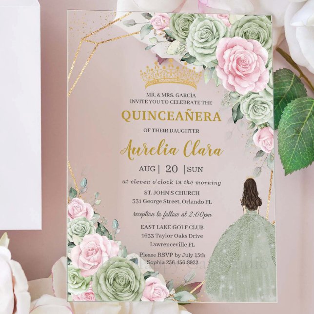 Soft Sage Green Pink Floral Gold Quinceañera Acryleinladungen (Von Creator hochgeladen)