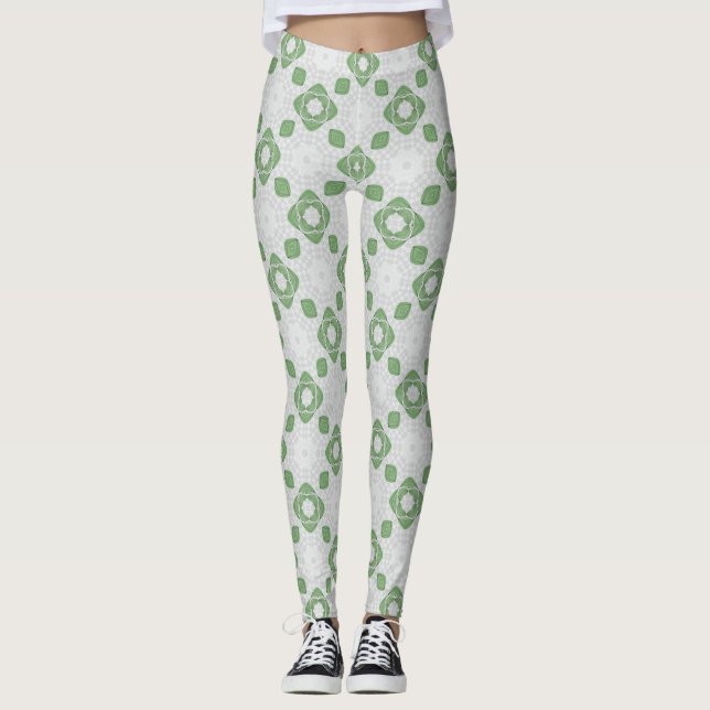 Soft Sage Grün Florales Geometrisches Muster Leggi Leggings (Vorderseite)