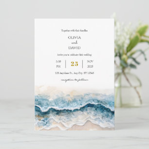 Soft Sandy Beach Blue Waves Wasserfarben Art Weddi Einladung