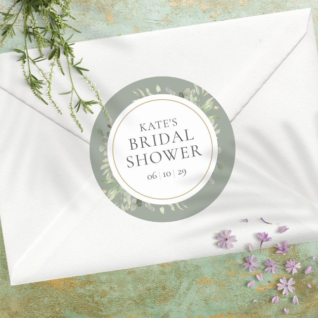 Soft Spring Blätter Silver Sage Brautparty Runder Aufkleber (Von Creator hochgeladen)