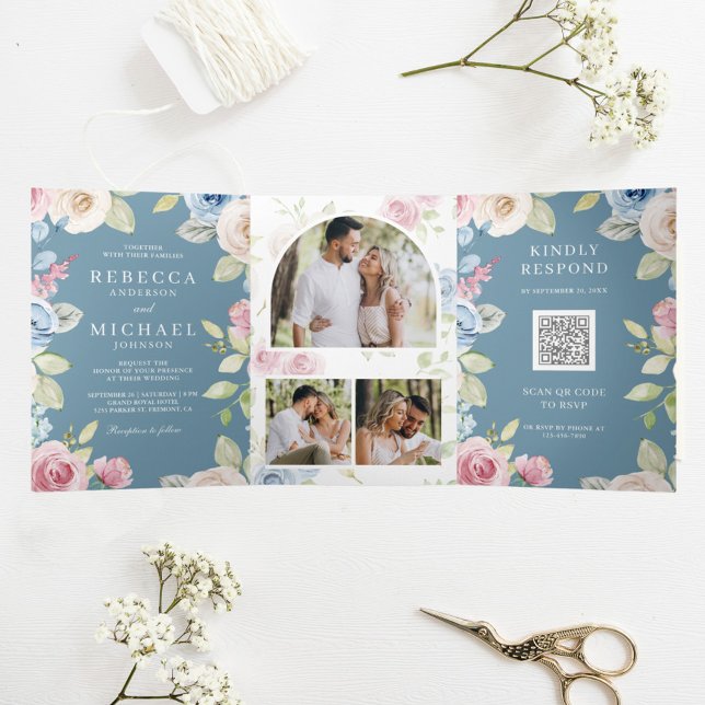 Soft Spring Floral Dusty Blue QR Code Wedding Dreifach Gefaltete Einladung (Von Creator hochgeladen)