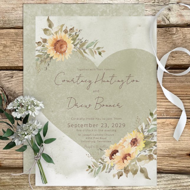 Soft Sunflowers Boho Heart Wedding Einladung (Von Creator hochgeladen)