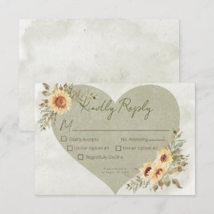 Soft Sunflowers Boho Heart Wedding RSVP Karte