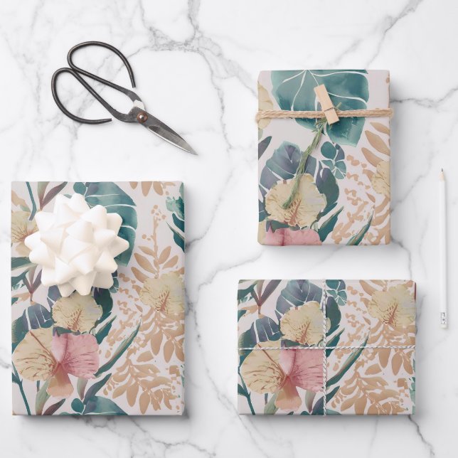 Soft Tropical Motif 3 Wrapping Paper Geschenkpapier Set (Vorderseite)