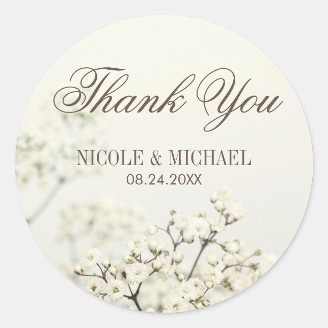 Soft Vintage Gipskraut Hochzeit Vielen Dank Runder Aufkleber (Vorderseite)