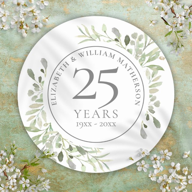 Soft Watercolor Blätter 25 Jahre alt Runder Aufkleber (Soft Watercolour Leaves 25th Anniversary Classic Round Sticker)