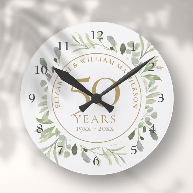 Soft Watercolor Blätter 50 Jahre alt Runde Wanduhr (Soft Watercolour Leaves 50th Anniversary Round Clock)