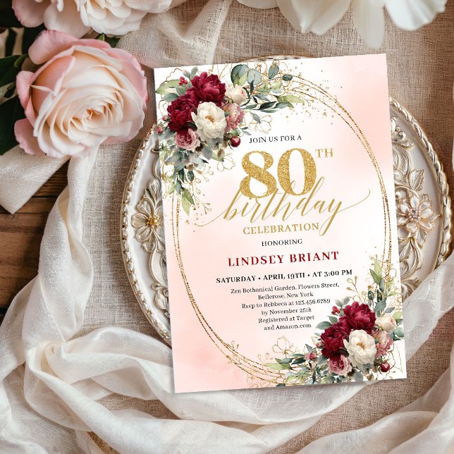 Soft Watercolor Burgundy Floral 80th Birthday  Einladung (Soft Watercolor Burgundy Floral 80th Birthday Invite)