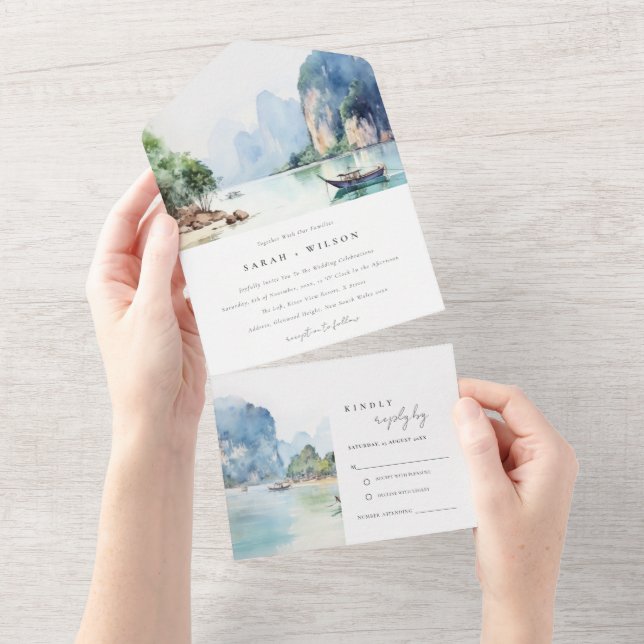 Soft Watercolor Coastal Thailand Seascape Wedding All In One Einladung (Abreißen)