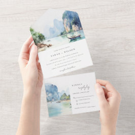 Soft Watercolor Coastal Thailand Seascape Wedding All In One Einladung