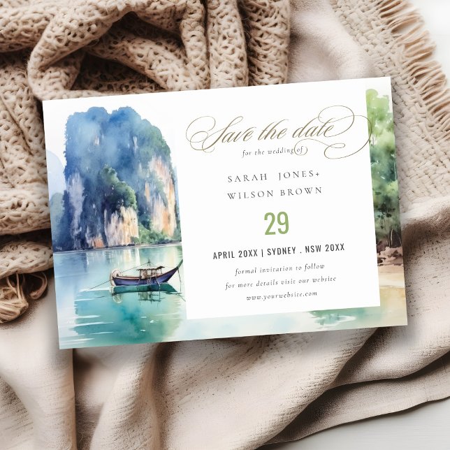 Soft Watercolor Coastal Thailand Seascape Wedding Save The Date (Von Creator hochgeladen)
