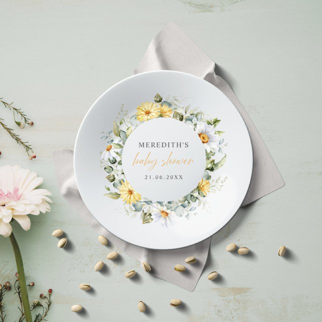 Soft Watercolor Daisy Wildblumen Babydusche Pappteller (Rustic Chic BABY SHOWER GENDER NEUTRAL PAPER WITH MOMMY NAME AND DATE. BOTANICAL THEME YELLOW WHITE )