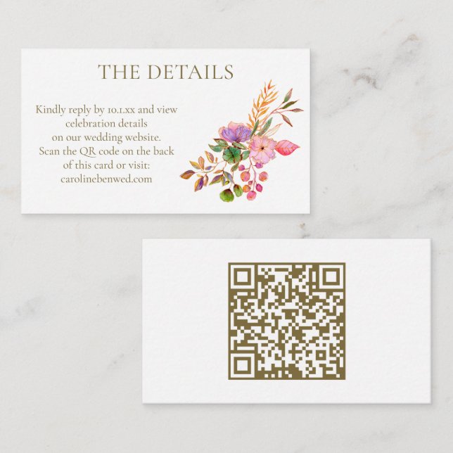 Soft Watercolor Floral Elegant Wedding RSVP QR  Begleitkarte (Vorne/Hinten)