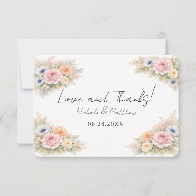 Soft Watercolor Floral Wedding Dankeskarte (Vorderseite)