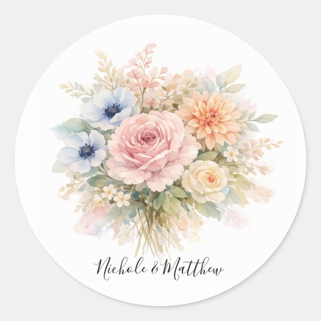 Soft Watercolor Floral Wedding Runder Aufkleber (Vorderseite)