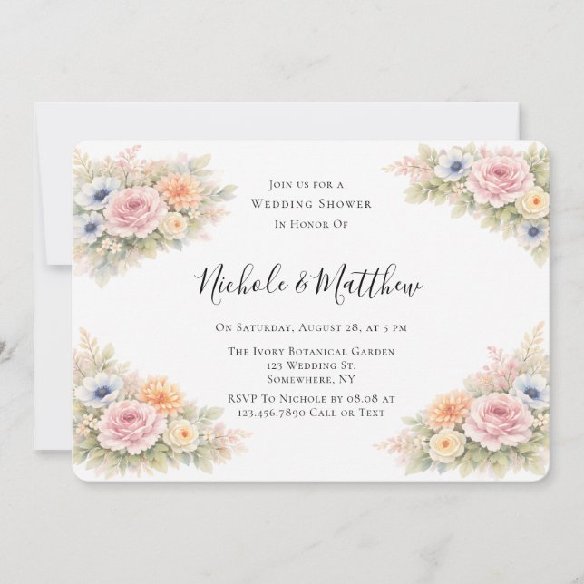 Soft Watercolor Floral Wedding Shower Einladung (Vorderseite)