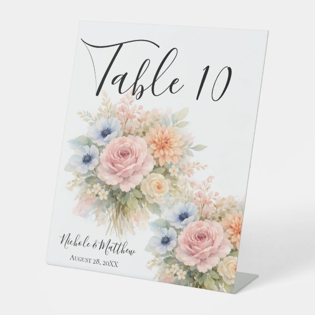 Soft Watercolor Floral Wedding Table Number Sockelschild (Vorderseite)