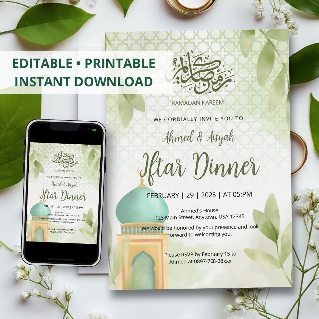 Soft Watercolor Green Mosque Ramadan Iftar Dinner Einladung (Von Creator hochgeladen)