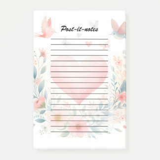 Soft Watercolor Heart Love Flowers Birds Post-it Klebezettel