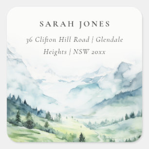 Soft Watercolor Snow Mountain Landschaftsadresse Quadratischer Aufkleber