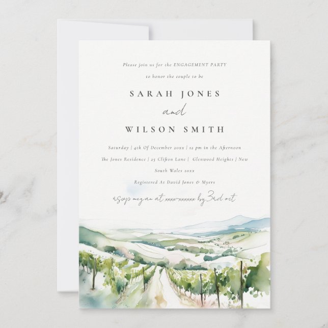 Soft Watercolor Vineyard Landscape Engagement Einladung (Vorderseite)