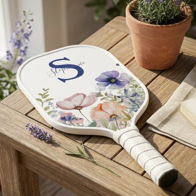 Soft Watercolor Wildflowers – Feminine Pickleball  Schläger (Floral monogram pickleball paddle)