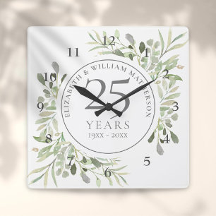 Soft Watercolour Leaves 25th Wedding Anniversary Quadratische Wanduhr